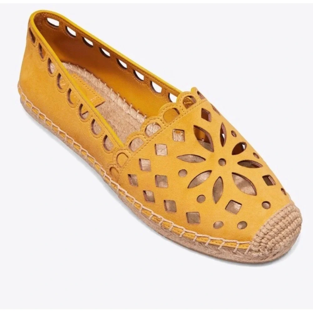 NWOT Tory Burch May Flat Espadrille Womens 6 Yellow Laser Cut Suede‎ SlipOn